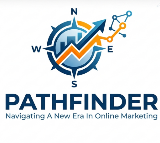 Logo Image depicting a compass with blue and orange direction arrows and the words Pathfinder - Navigating A New Era In Online Marketing